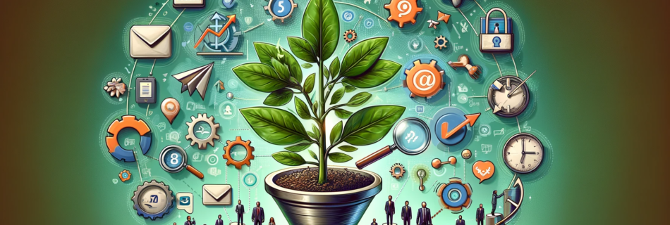 Illustration of lead nurturing in business - includes a flourishing plant, digital marketing tools like emails and social media icons, sales funnel, diverse buyer personas, a magnifying glass over a customer profile, and a calendar with clock.
