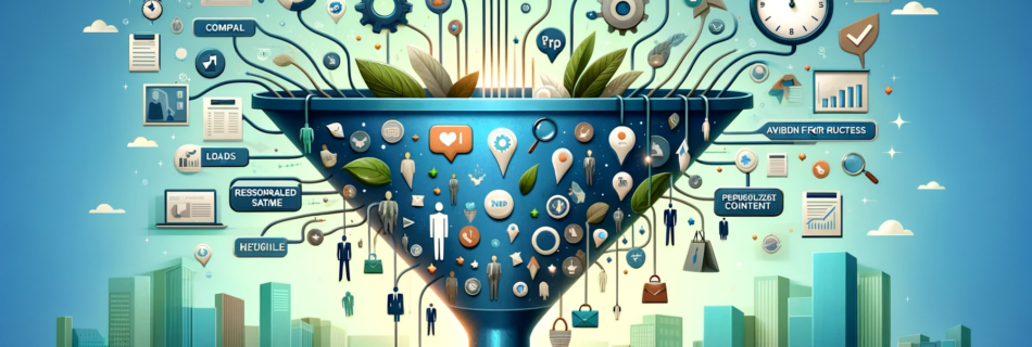 Illustration of a business lead generation funnel with elements symbolizing potential customers. Visual representations include a clock for quick response, personalized content bubble, and magnifying glass for lead qualification. Background in green and blue tones conveying growth and success.