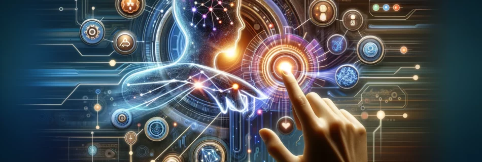 A visual representation of the collaborative partnership between a virtual assistant and artificial intelligence, highlighting a human figure engaging with a futuristic AI interface through a touch-based holographic screen filled with AI symbols and icons.