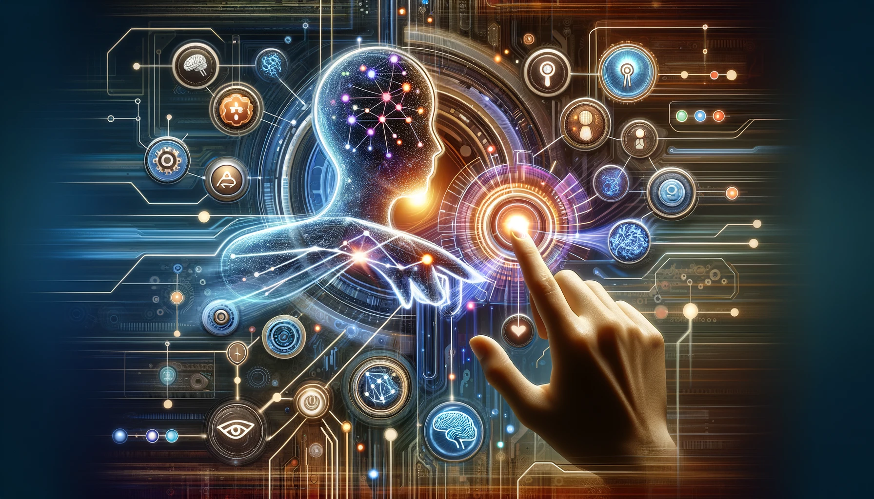 A visual representation of the collaborative partnership between a virtual assistant and artificial intelligence, highlighting a human figure engaging with a futuristic AI interface through a touch-based holographic screen filled with AI symbols and icons.