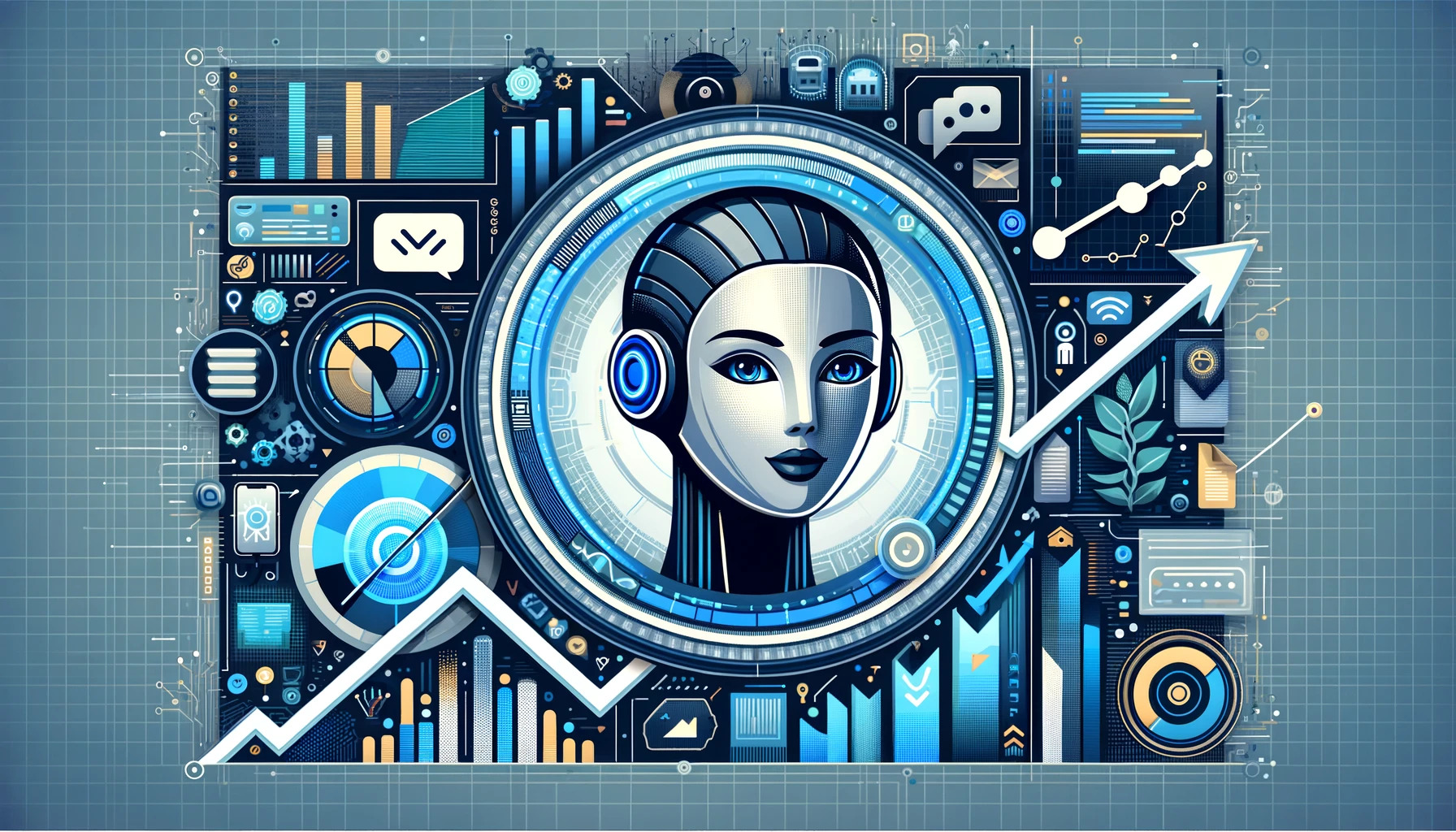 Digital illustration showing the integration of virtual assistants in marketing technology to boost business growth. Features include digital networks, a virtual assistant avatar, and symbols of growth like graphs.