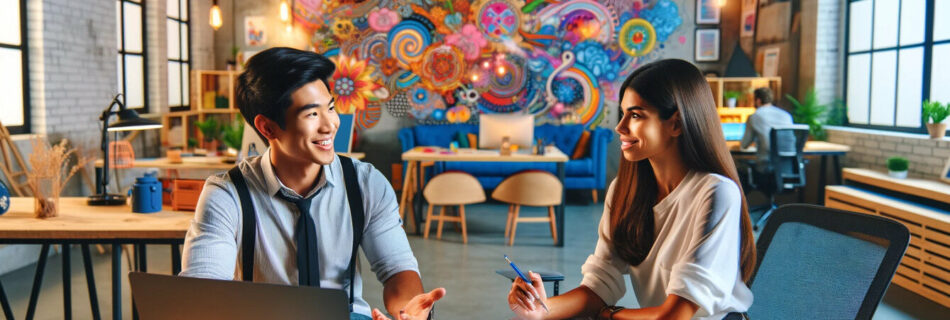 Asian man and woman discussing projects in a creative workspace adorned with a colorful mural.