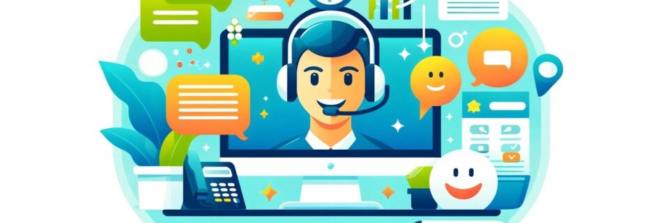 Illustration of a customer support representative with a headset, surrounded by communication icons.