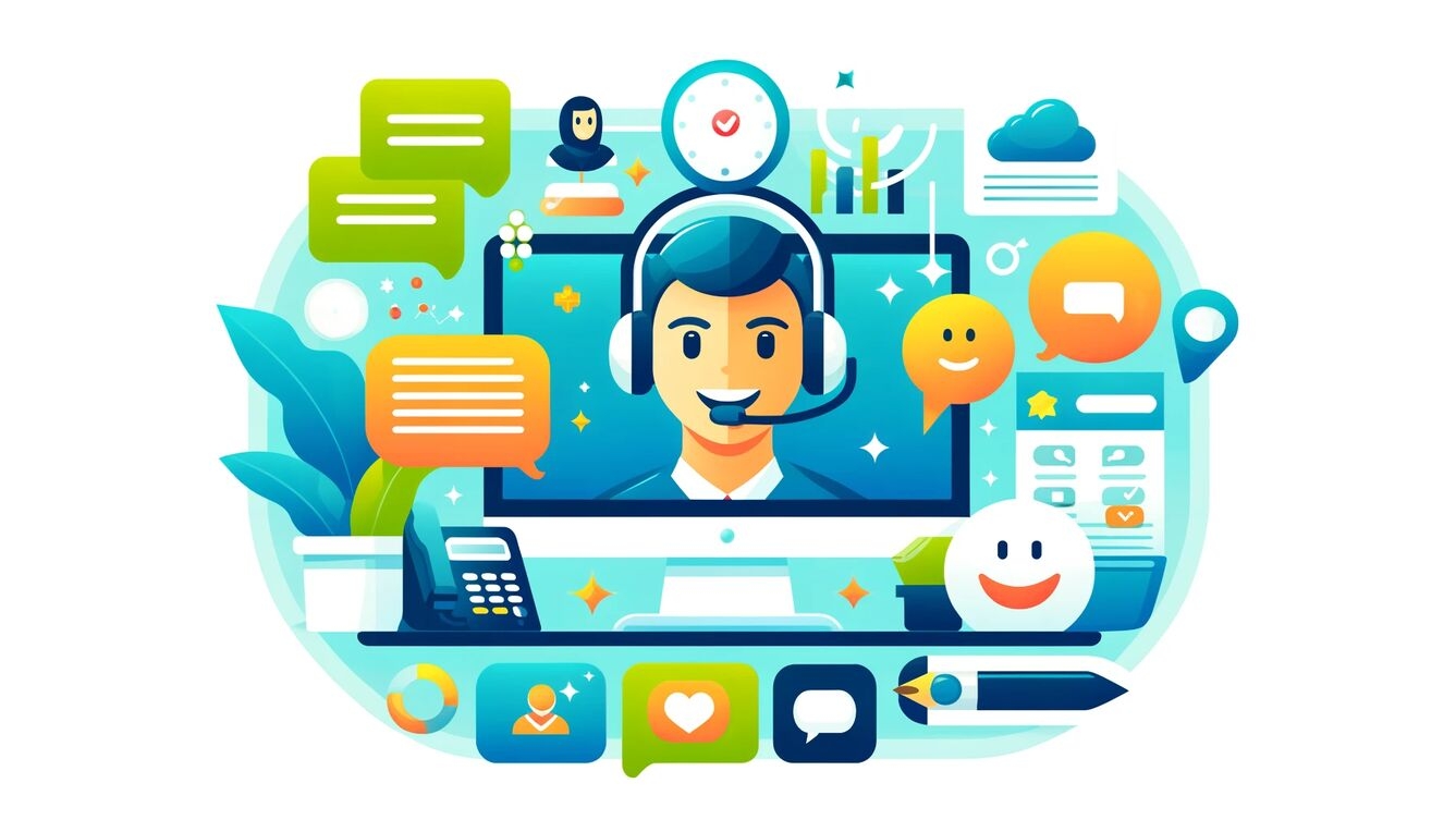 Illustration of a customer support representative with a headset, surrounded by communication icons.