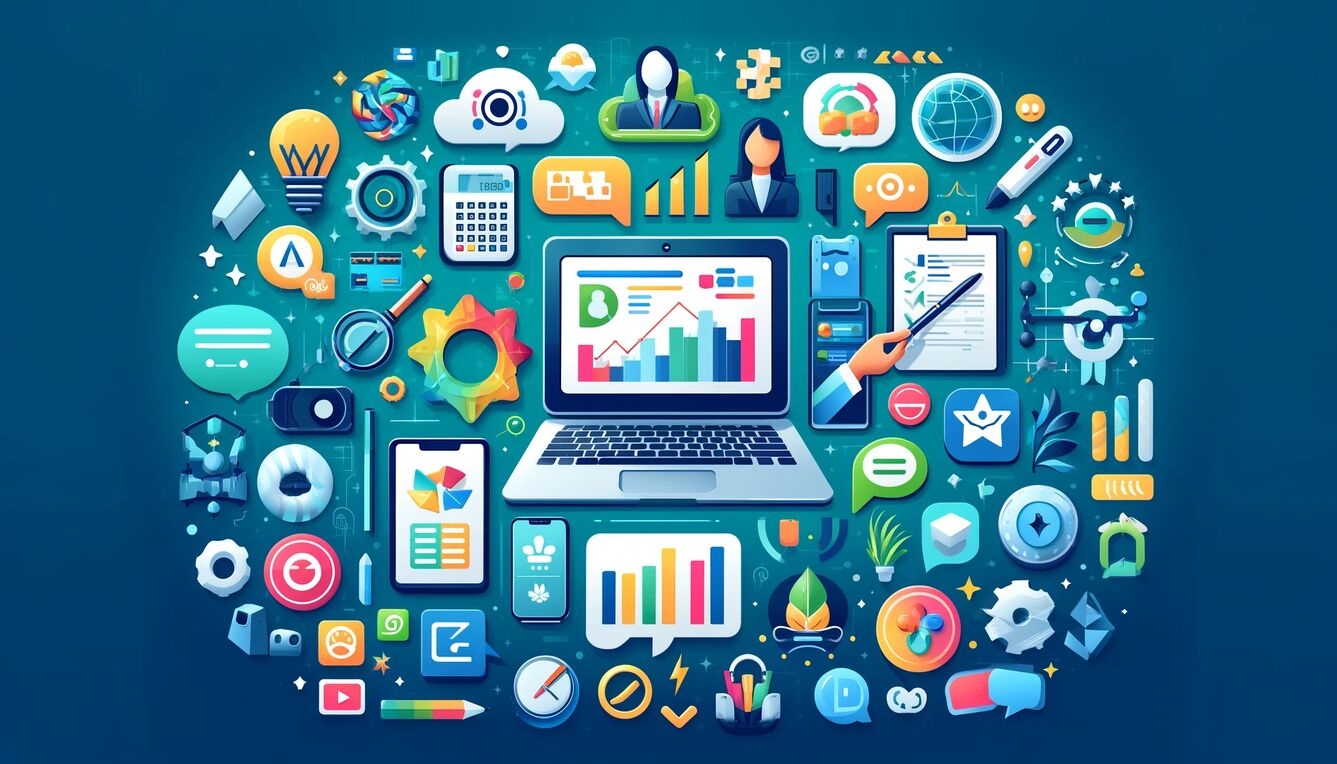 Illustration of various business and technology tools including graphs, charts, laptops, and smartphones.