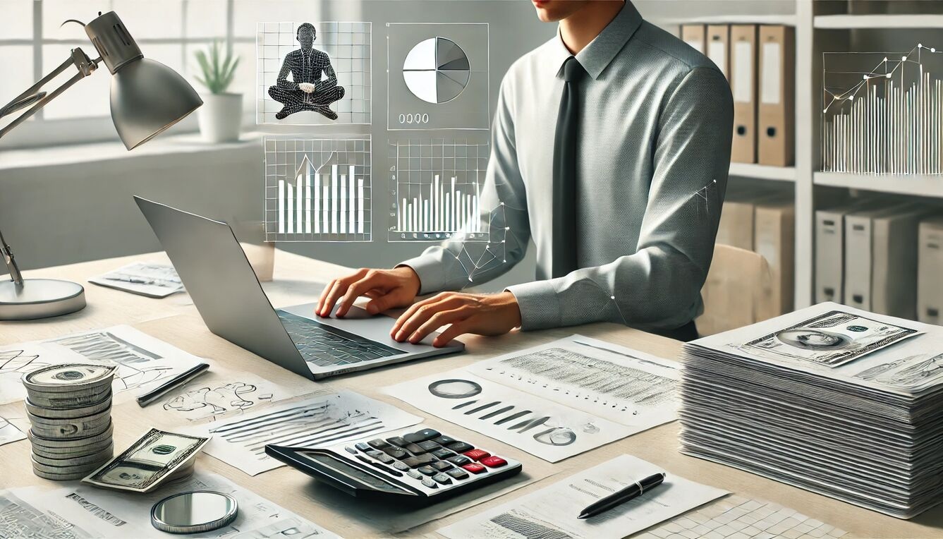 A realistic, minimalist graphic of a professional workspace with a laptop displaying financial charts, a calculator, and a stack of financial documents. A person in business casual attire is working at the desk, reflecting productivity in bookkeeping and accounting tasks.