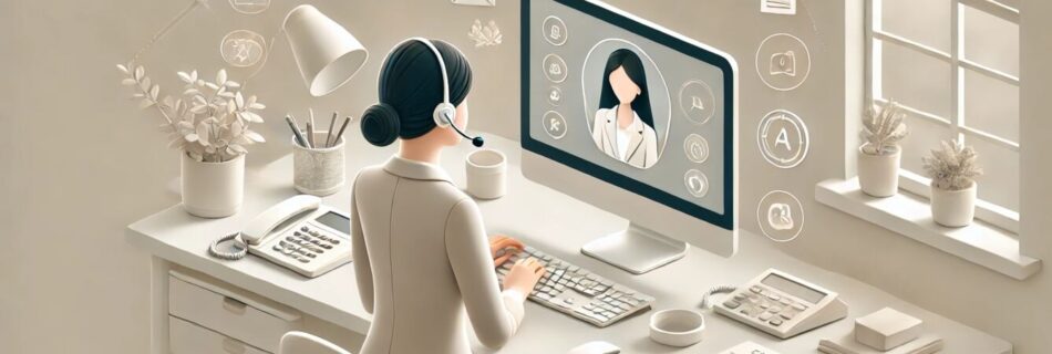 Virtual assistant executive working on a computer with customer service, marketing, and bookkeeping icons