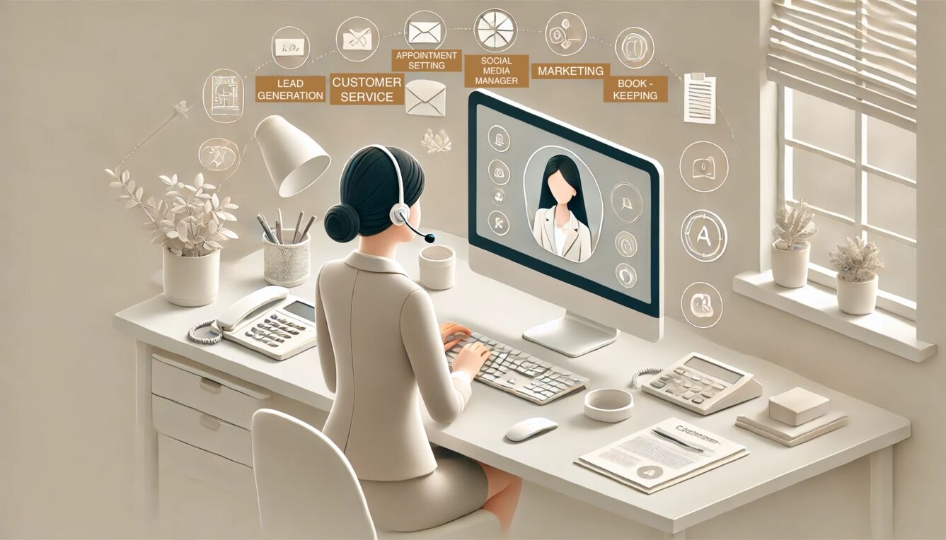 Virtual assistant executive working on a computer with customer service, marketing, and bookkeeping icons