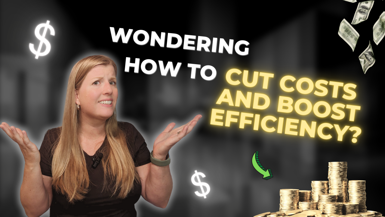 Woman Shrugging with Text "Wondering How to Cut Costs and Boost Efficiency?" and Symbols of Dollar Signs and Coins