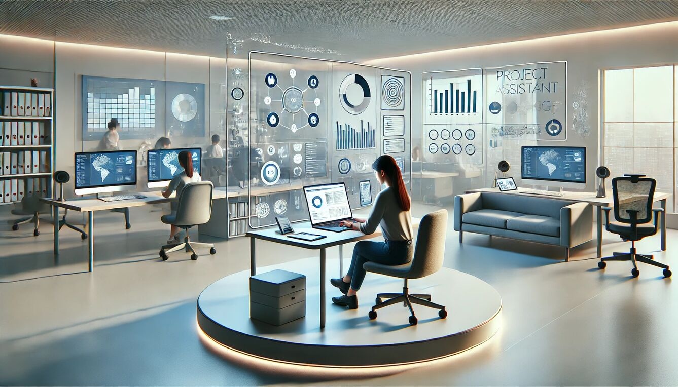 Modern office with advanced data-driven technology, featuring interactive dashboards and project management tools.