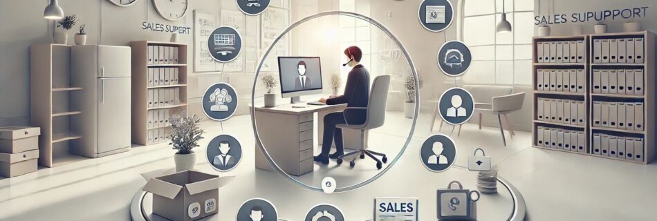 Virtual support strategy for sales, featuring various icons and a person working at a desk, surrounded by sales support tools.