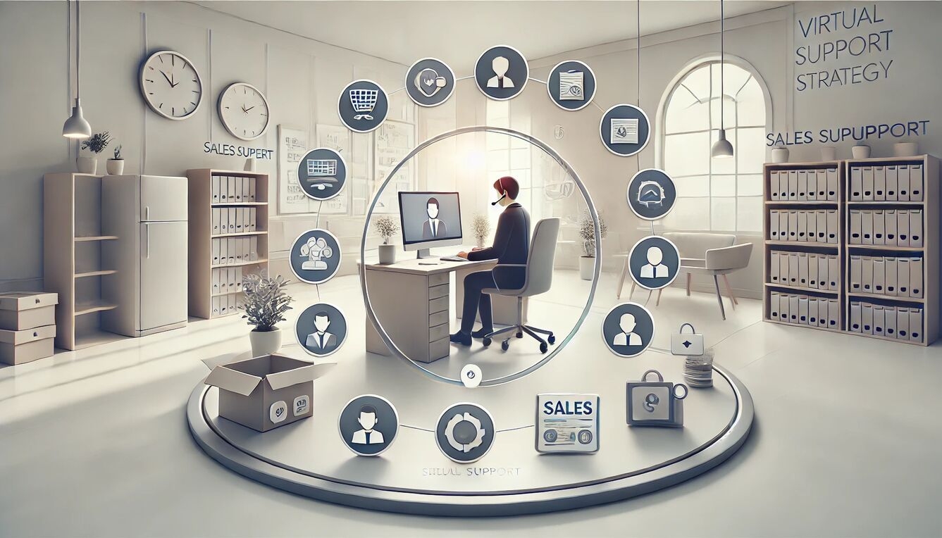 Virtual support strategy for sales, featuring various icons and a person working at a desk, surrounded by sales support tools.