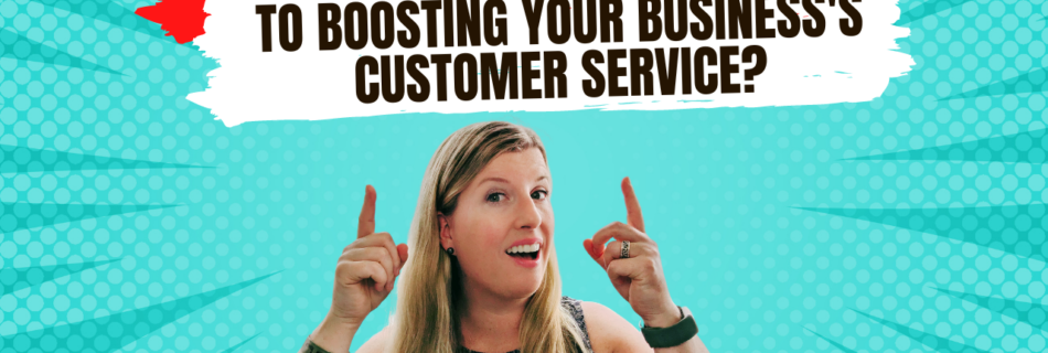 A woman pointing upwards with text asking if virtual assistants are the secret to boosting your business’s customer service.