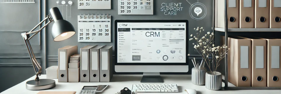 A minimalist office desk setup with a computer displaying a CRM system, a calendar with appointments, a clipboard with invoices, and communication icons representing client support.