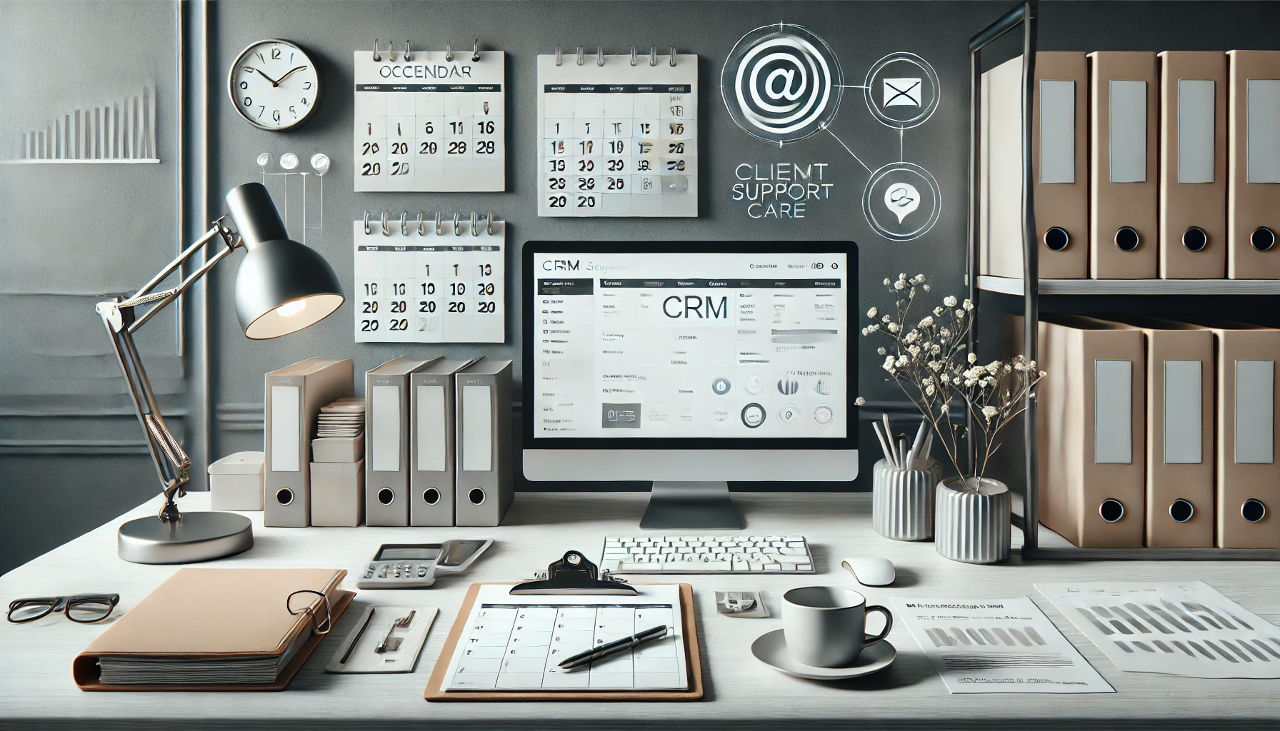 A minimalist office desk setup with a computer displaying a CRM system, a calendar with appointments, a clipboard with invoices, and communication icons representing client support.