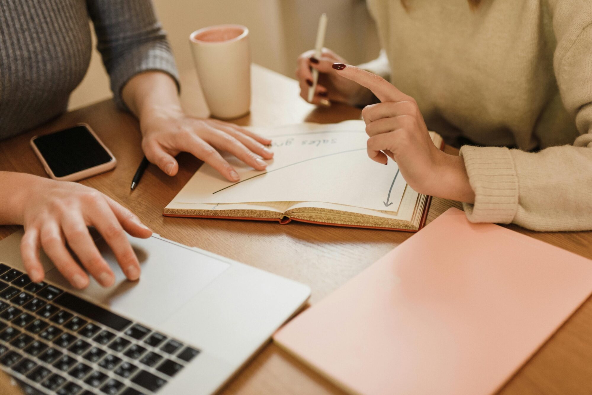 Two people collaborating on a sales growth strategy, one using a laptop and the other pointing at a graph in an open notebook.