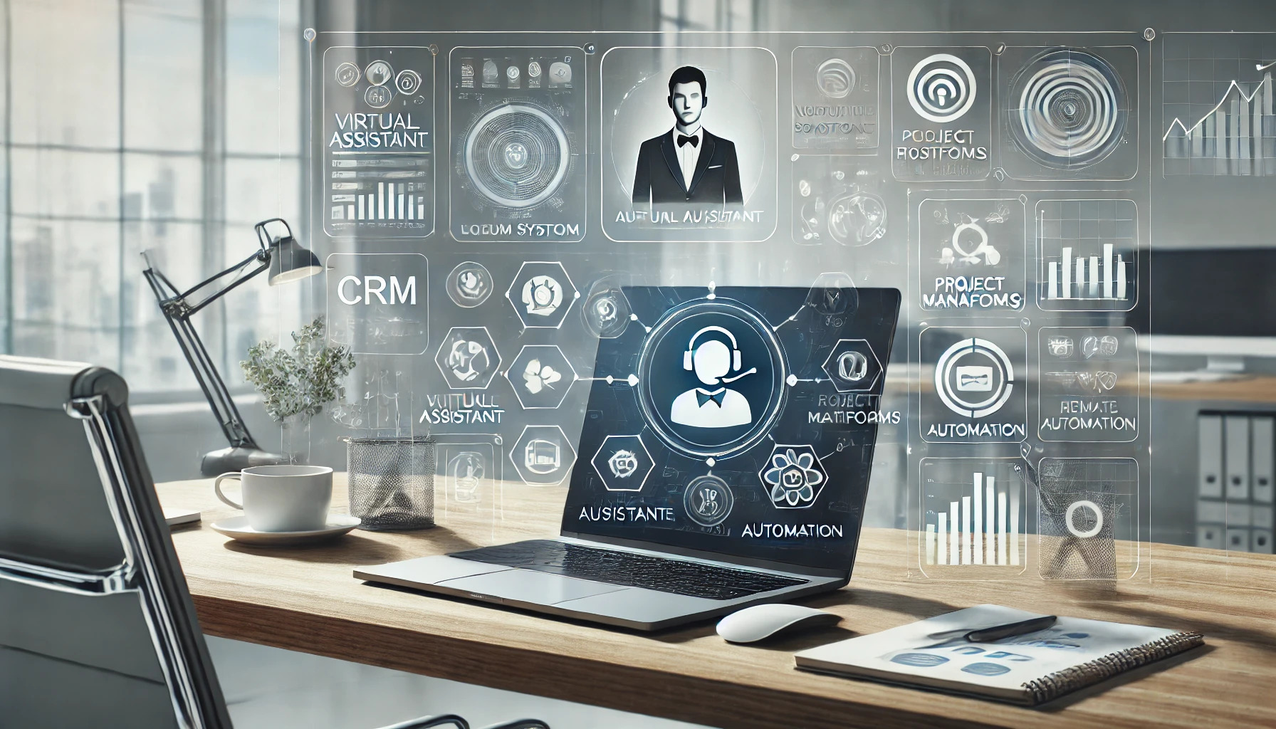 A modern desk setup featuring a laptop displaying virtual assistant and automation icons, along with CRM and project management systems.