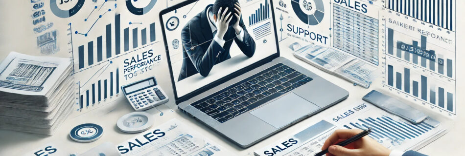 A business owner overwhelmed by sales tasks, with a laptop displaying sales metrics, charts, and automation tools for efficiency.