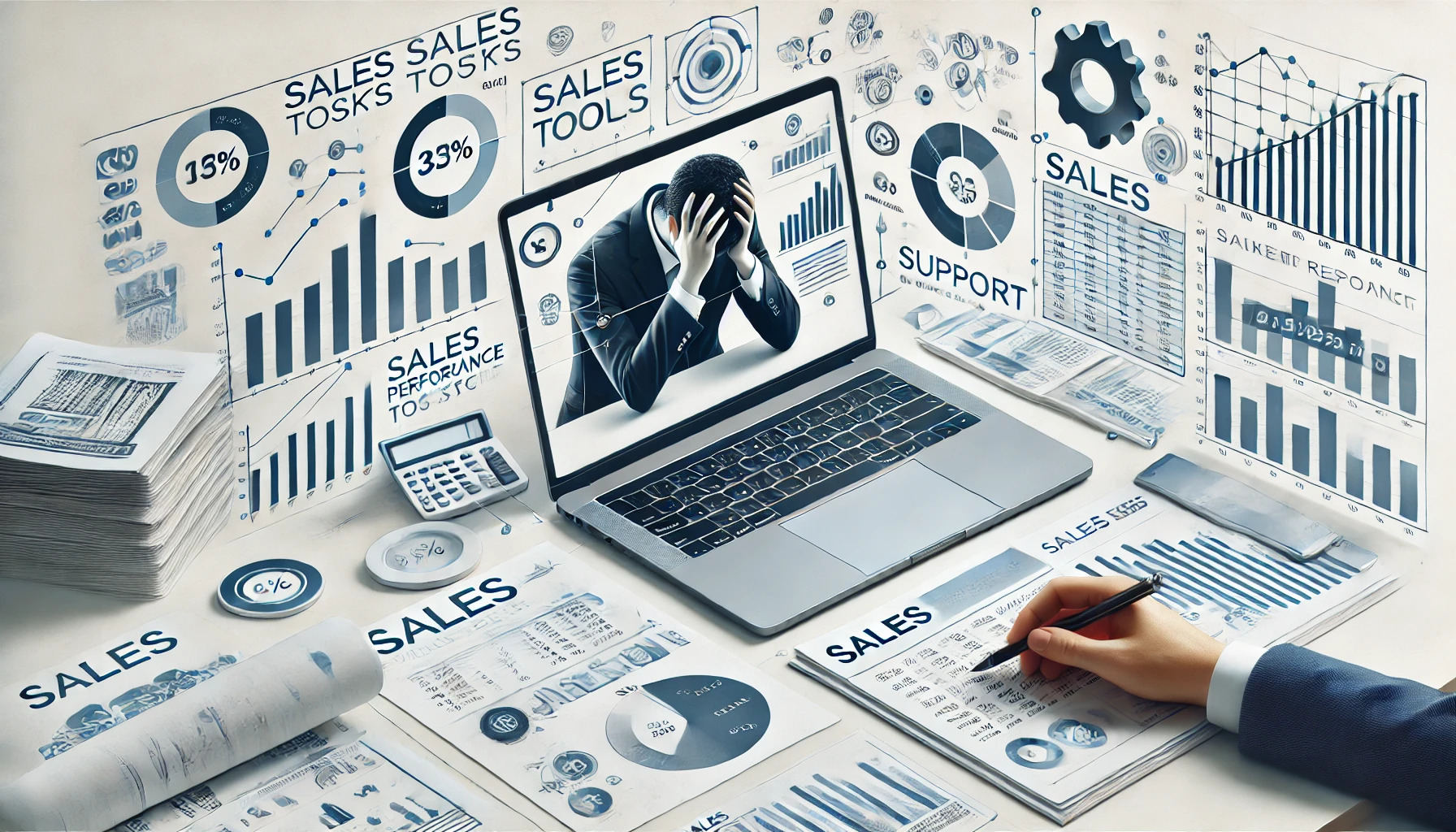 A business owner overwhelmed by sales tasks, with a laptop displaying sales metrics, charts, and automation tools for efficiency.