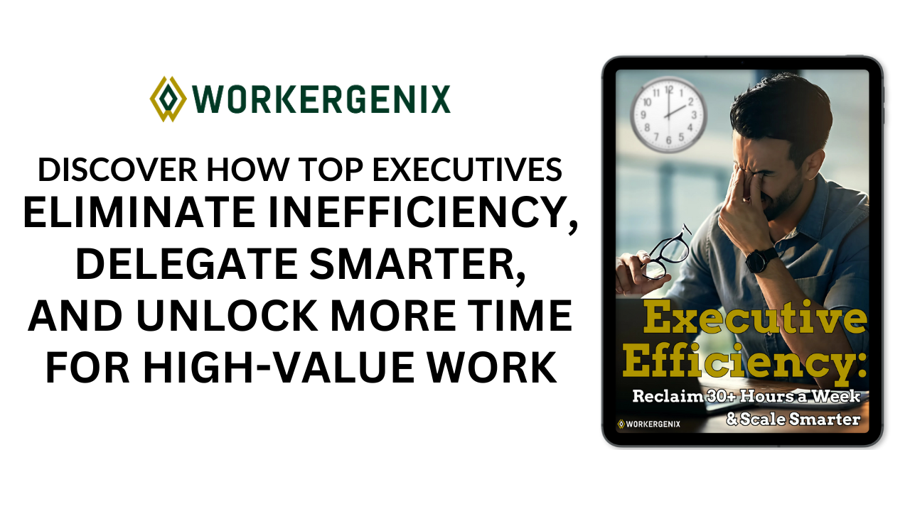 A stressed executive overwhelmed with admin work, representing inefficiency. The Executive Efficiency Blueprint helps leaders reclaim 30+ hours per week and scale smarter.