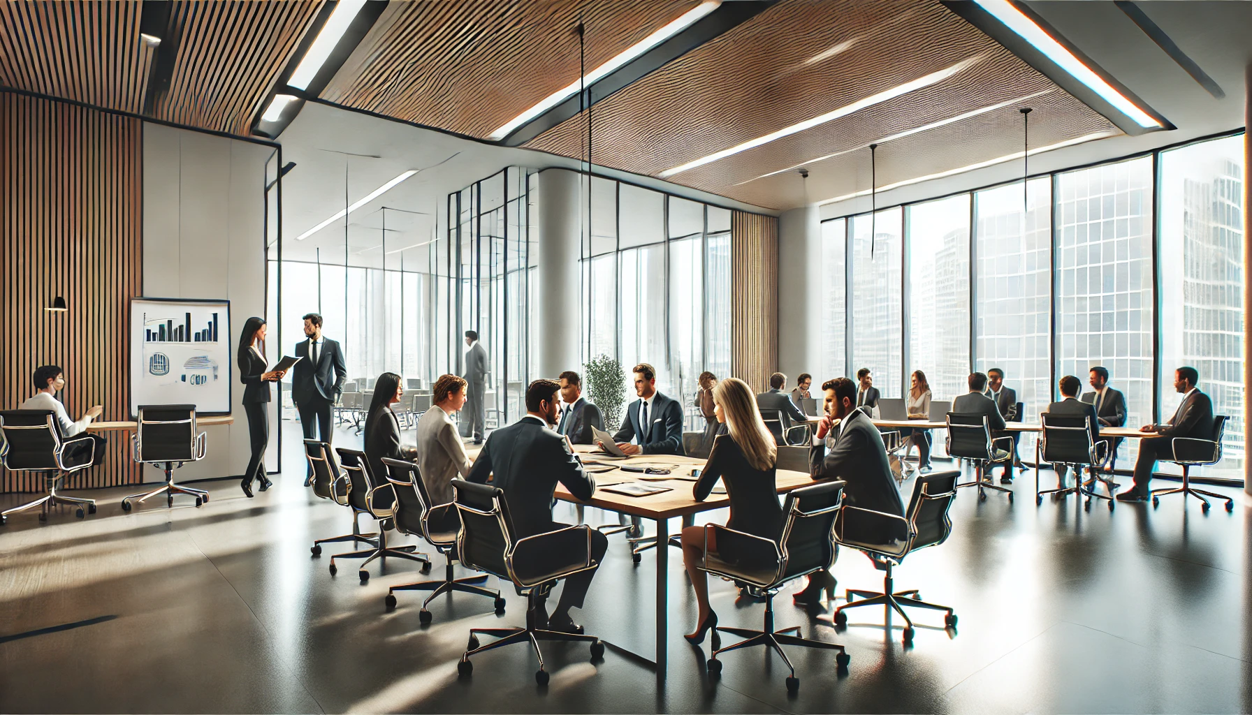 Diverse team of high-performing professionals collaborating in a modern, well-lit office, conveying productivity and efficiency."